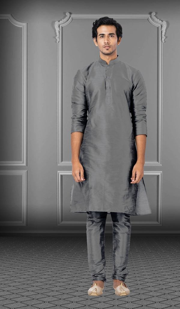 Angasudha Ash Grey Dupion Silk Kurta Pyjama Set
