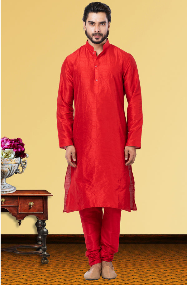 Angasudha Vibrant Red Dupion Silk Kurta Pyjama Set
