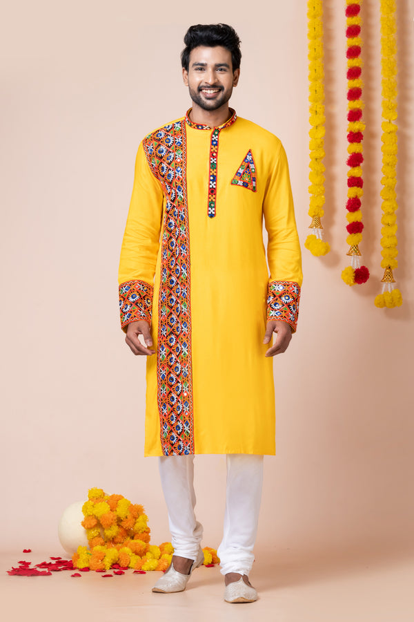 Angasudha Navratri Special Mustard Yellow Kurta Pyjama Set