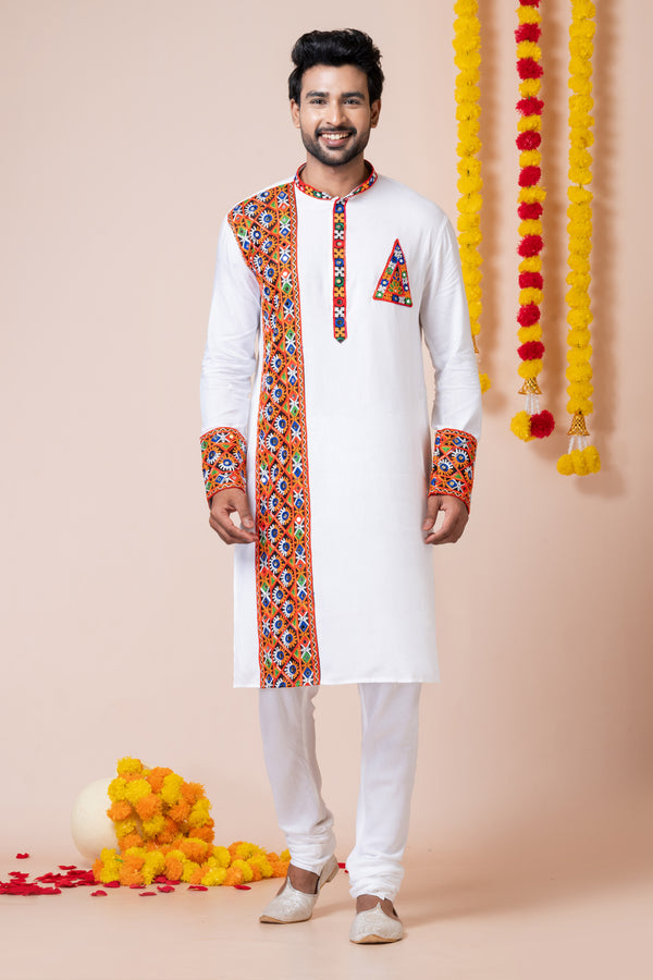 Angasudha Navratri Special White Panel Embroidered Kurta Pyjama Set