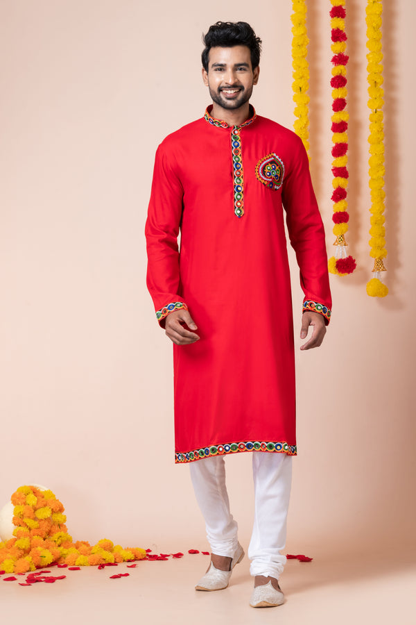 Angasudha Navratri Special Red Circle Embroidered Kurta Pyjama Set