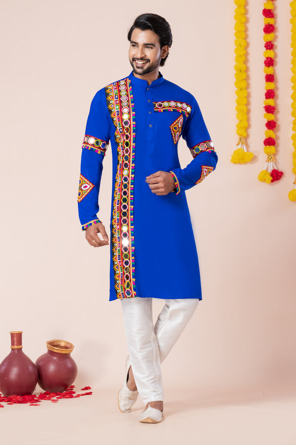 Angasudha Navratri Special Royal Blue Mirror & Patch Work Kurta Pyjama Set