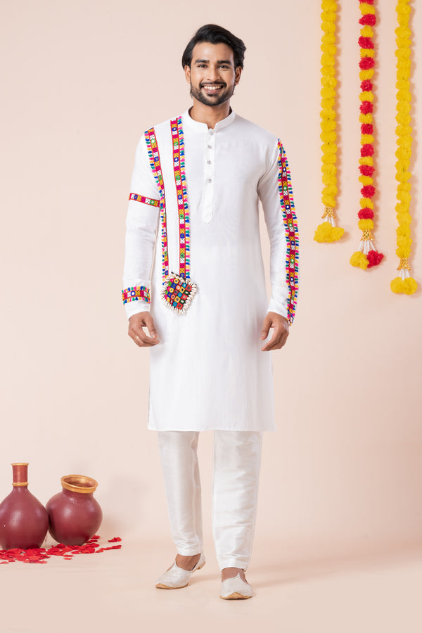 Angasudha Navratri Special White Tribal Mirror & Shell Work Kurta Pyjama Set