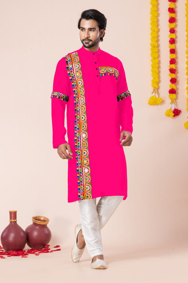 Angasudha Navratri Special Hot Pink Embroidered Panel Kurta Pyjama Set