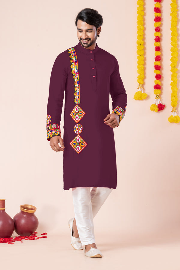 Angasudha Navratri Special Maroon Tribal Embroidered Kurta Pyjama Set