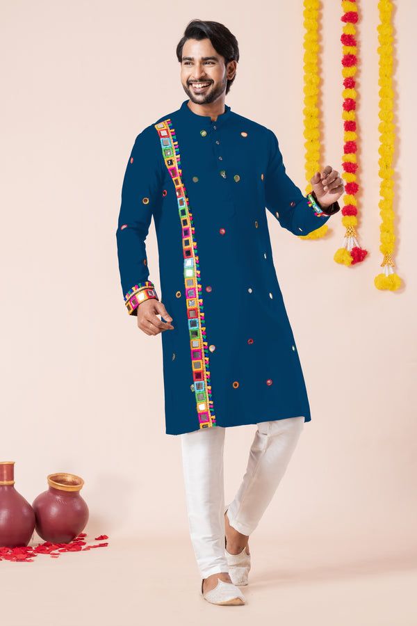 Angasudha Navratri Special Navy Blue Mirror Work Kurta Pyjama Set