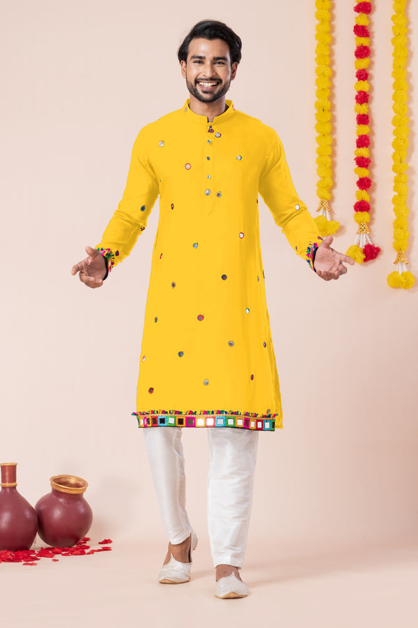 Angasudha Navratri Special Yellow Mirror Work Kurta Pyjama Set