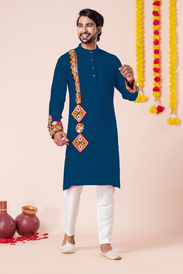 Angasudha Navratri Special Navy Blue Tribal Embroidered Kurta Pyjama Set