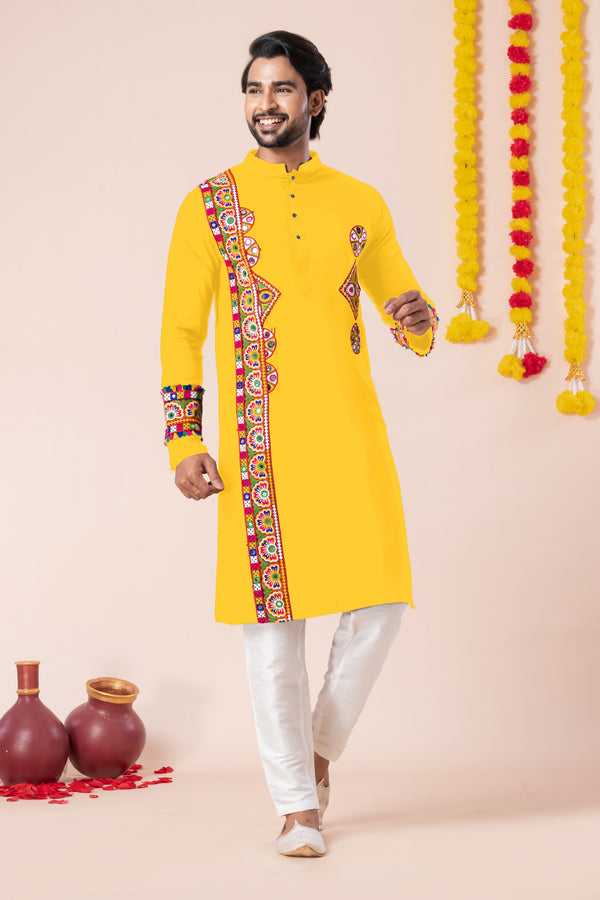 Angasudha Navratri Special Yellow Tribal Embroidered Kurta Pyjama Set