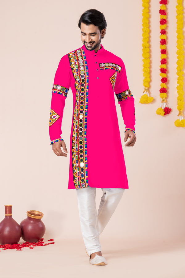 Angasudha Navratri Special Pink Tribal Embroidered Kurta Pyjama Set