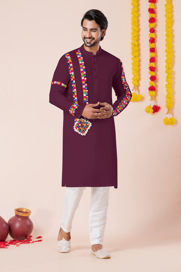 Angasudha Navratri Special Wine Tribal Embroidered Kurta Pyjama Set