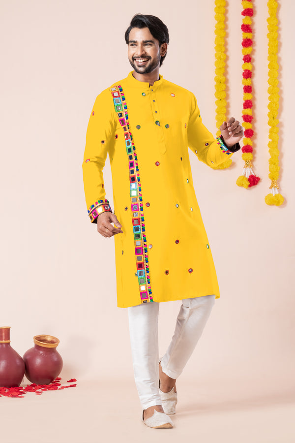 Angasudha Navratri Special Yellow Tribal Embroidered Kurta Pyjama Set