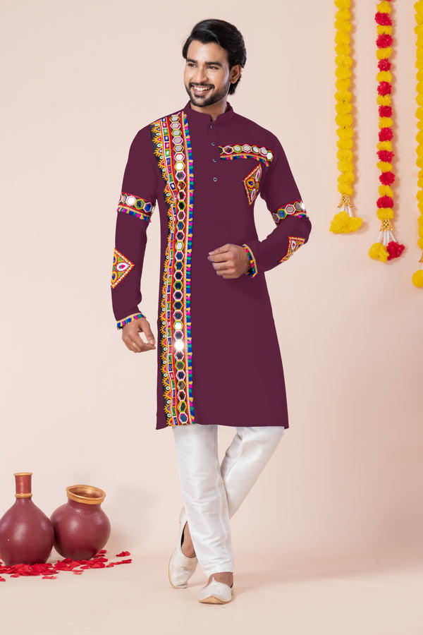 Angasudha Navratri Special Wine Tribal Embroidered Mirror Work Kurta Pyjama Set