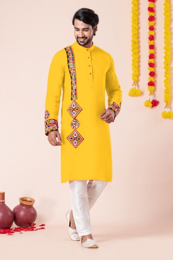 Angasudha Navratri Special Yellow Tribal Embroidered Mirror Work Kurta Pyjama Set