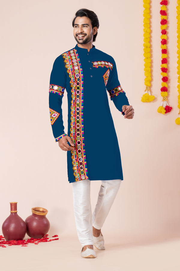 Angasudha Navratri Special Navy Blue Embroidered Mirror Work Kurta Pyjama Set