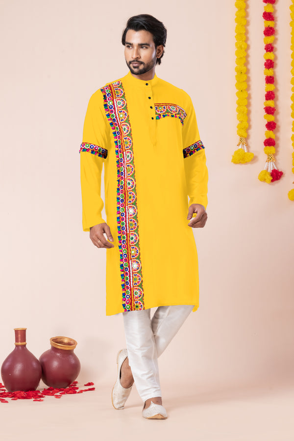 Angasudha Navratri Special Yellow Tribal Embroidered Kurta Pyjama Set