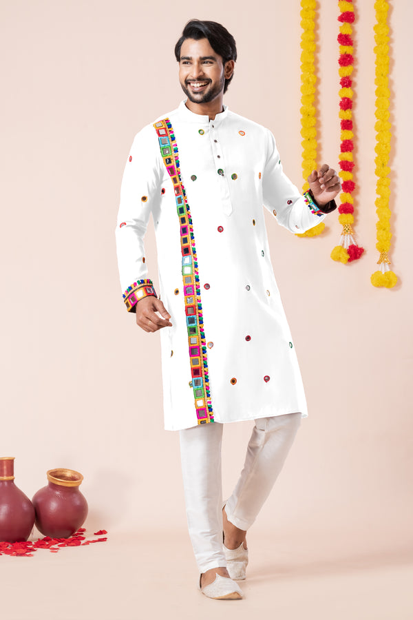 Angasudha Navratri Special White Mirror Work Kurta Pyjama Set