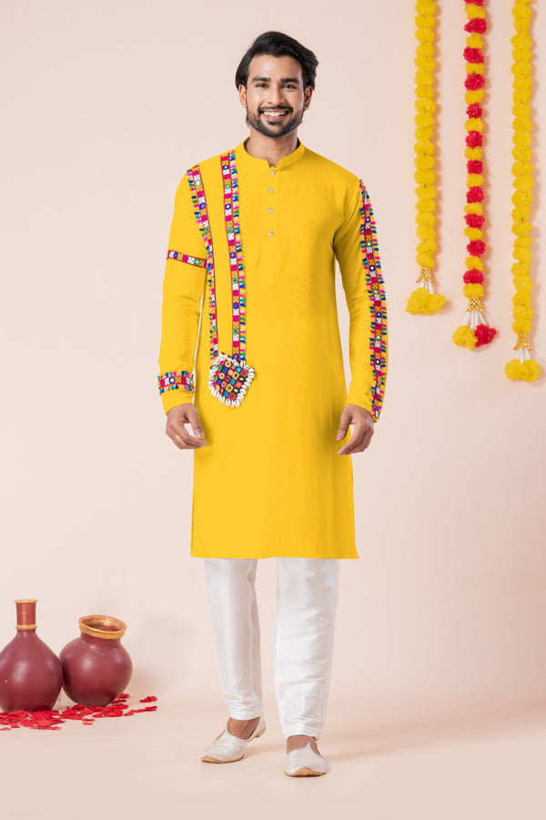 Angasudha Navratri Yellow Mirror-Work Kurta Pyjama Set