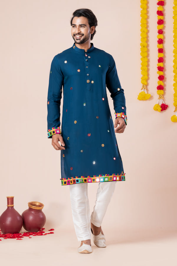 Angasudha Navy Blue Mirror Work Kurta Pyjama