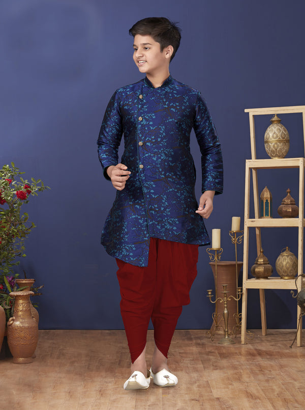 Angasudha Royal Blue Brocade Asymmetric Kurta with Maroon Dhoti Pants – Boys' Ethnic Wear