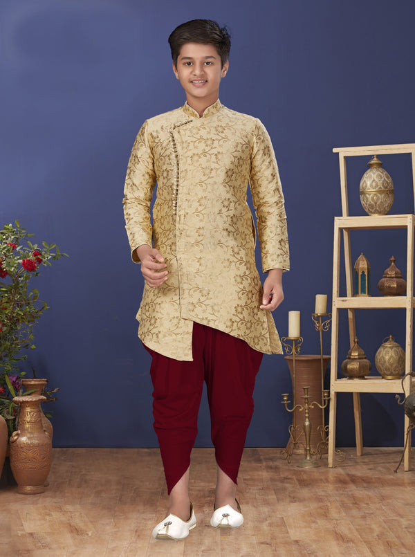 Angasudha Champagne Gold Brocade Asymmetric Kurta with Maroon Dhoti Pants – Boys' Ethnic Ensemble