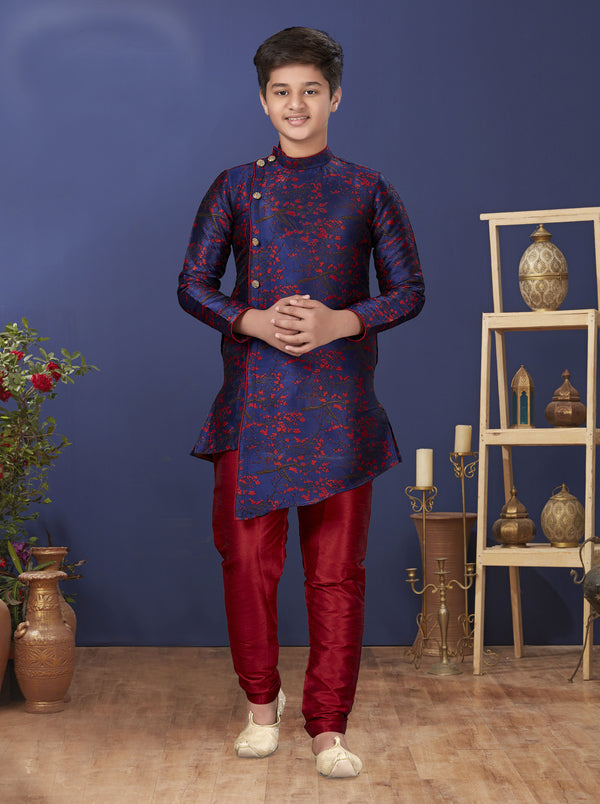Angasudha Navy Blue & Red Brocade Asymmetric Kurta with Red Silk Pants – Boys' Premium Ethnic Set