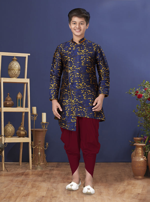 Angasudha Royal Blue & Mustard Gold Brocade Asymmetric Kurta with Maroon Dhoti Pants – Boys' Festive Wear Set