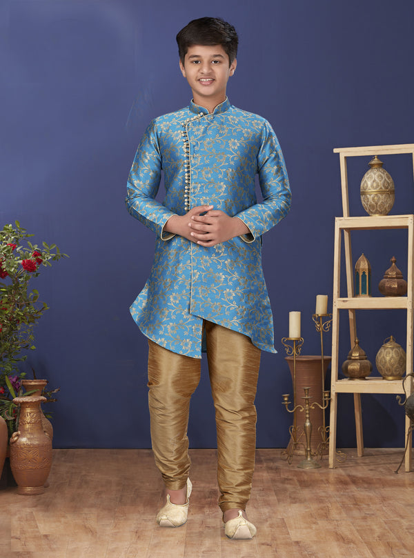 Angasudha Sky Blue & Gold Brocade Asymmetric Kurta with Golden Churidar Pants – Boys' Festive Ethnic Set