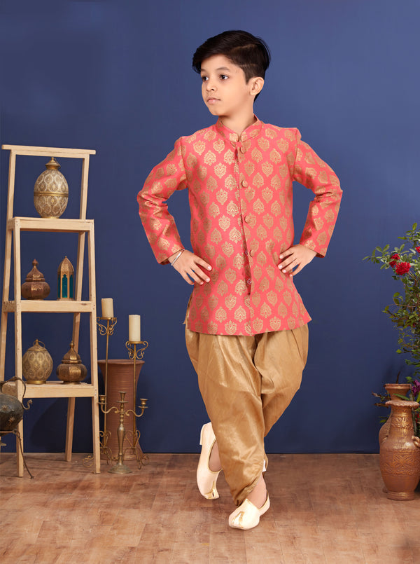 Angasudha Coral Pink Brocade Kurta with Golden Dhoti Pants – Boys' Traditional Festive Set