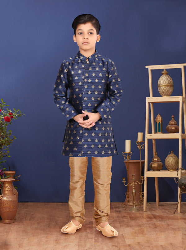 Angasudha Navy Blue Brocade Kurta with Golden Churidar Pants – Boys' Elegant Festive Set