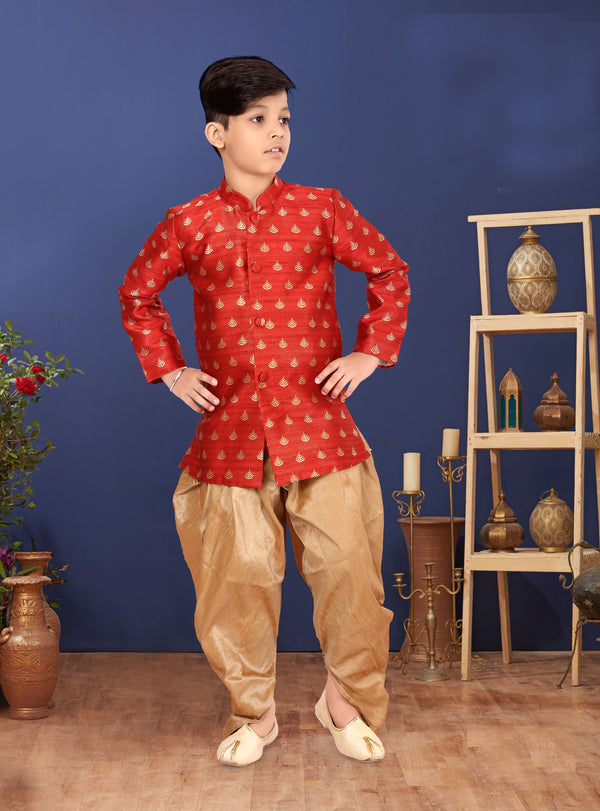 Angasudha Brick Red Brocade Kurta with Golden Dhoti Pants – Boys' Traditional Festive Outfit