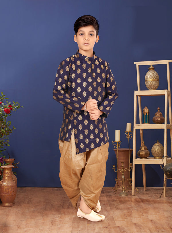 Angasudha Navy Blue Brocade Kurta with Golden Dhoti Pants – Boys' Royal Festive Wear Set