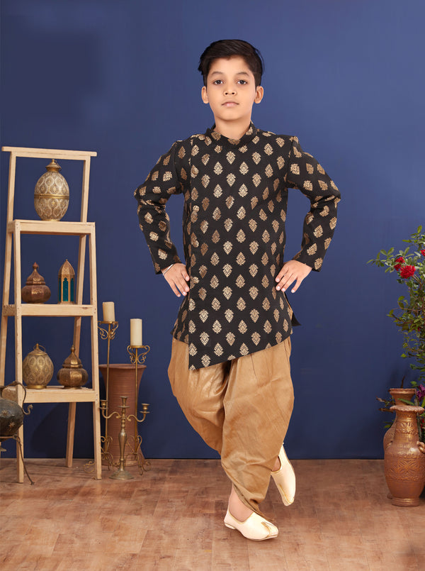 Angasudha Black Brocade Kurta with Golden Dhoti Pants – Boys' Festive Royal Wear Set
