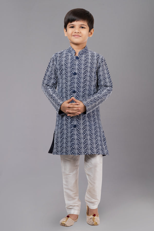 Angasudha Boys' Blue Printed Kurta with Cream Churidar Set