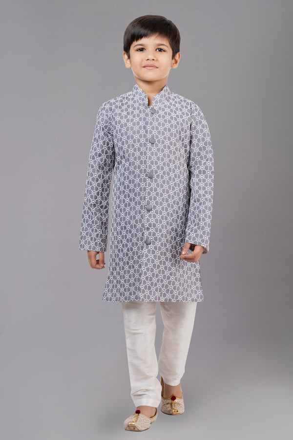 Angasudha Boys' Grey Geometric Print Kurta with Cream Churidar Set