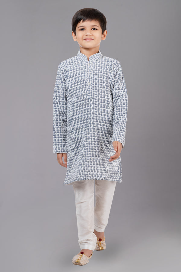 Angasudha Boys' Light Blue Leaf Print Kurta with Cream Churidar Set