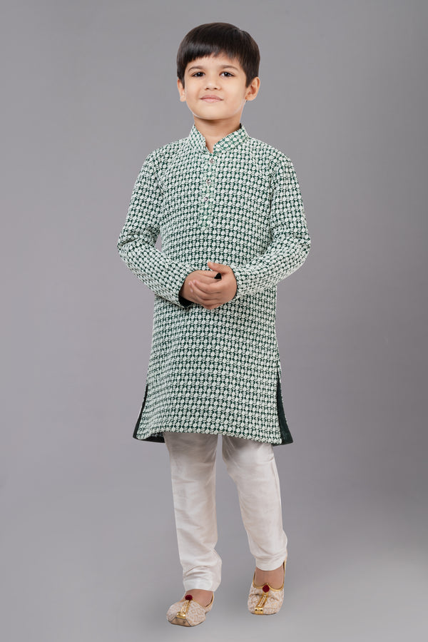 Angasudha Boys' Forest Green Leaf Print Kurta with Cream Churidar Set