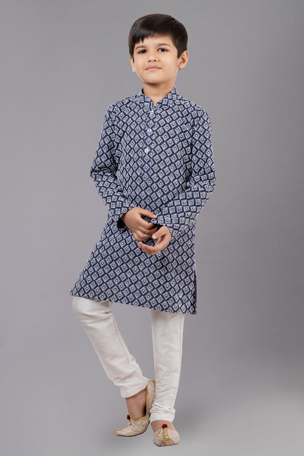 Angasudha Boys' Navy Blue Geometric Print Kurta with Cream Churidar Set
