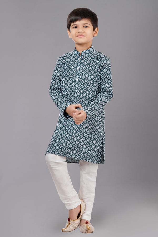 Angasudha Boys' Teal Blue Diamond Print Kurta with Cream Churidar Set