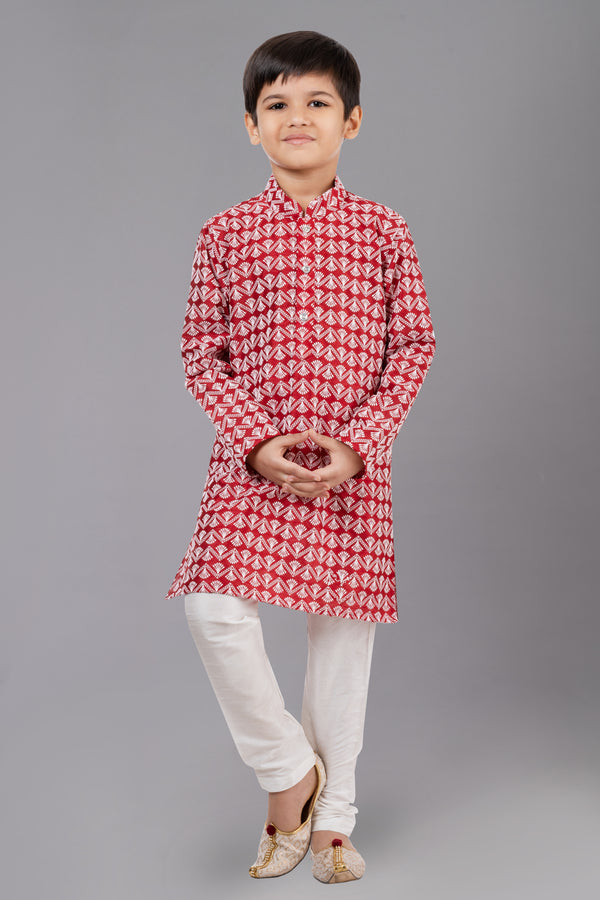 Angasudha Boys' Festive Red Leaf Print Kurta with Cream Churidar Set