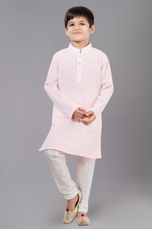 Angasudha Boys' Elegant Light Pink Textured Kurta with Cream Churidar Set