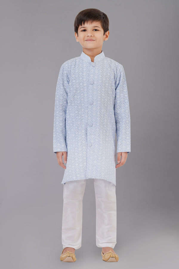 Angasudha Boys' Sky Blue Printed Nehru Jacket Kurta Set with White Bottom