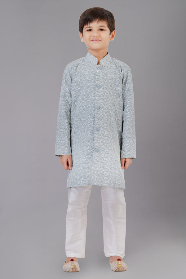 Angasudha Boys' Mint Green Geometric Nehru Jacket Kurta Set with White Bottom