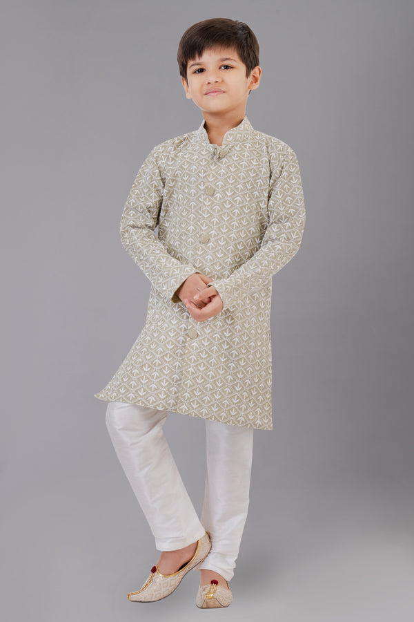 Angasudha Boys' Beige Anchor-Print Nehru Jacket Kurta Set with White Churidar