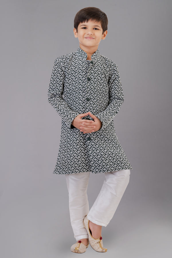 Angasudha Boys' Charcoal Geometric Print Nehru Jacket Kurta Set with White Churidar
