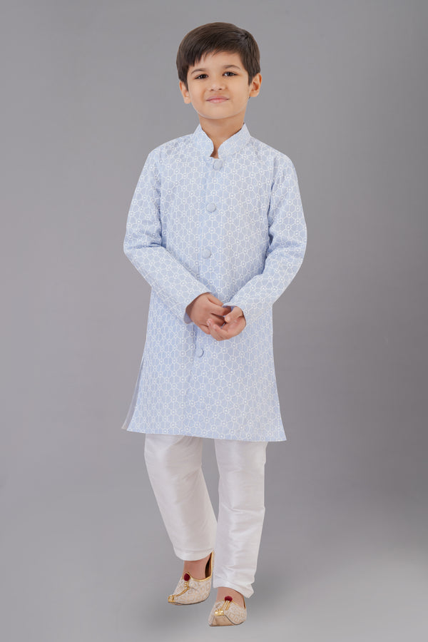 Angasudha Boys' Powder Blue Printed Nehru Jacket Kurta Set with White Pants