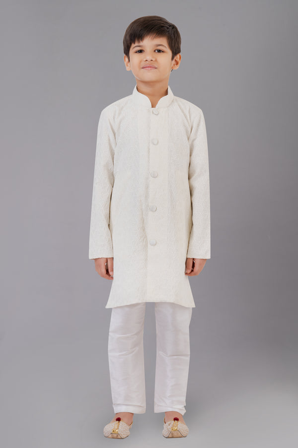 Angasudha Boys' Ivory Textured Kurta Set with White Churidar
