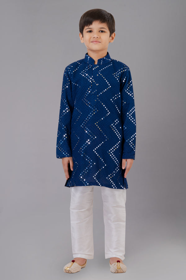 Angasudha Boys' Navy Blue Mirror Work Kurta Set with White Churidar