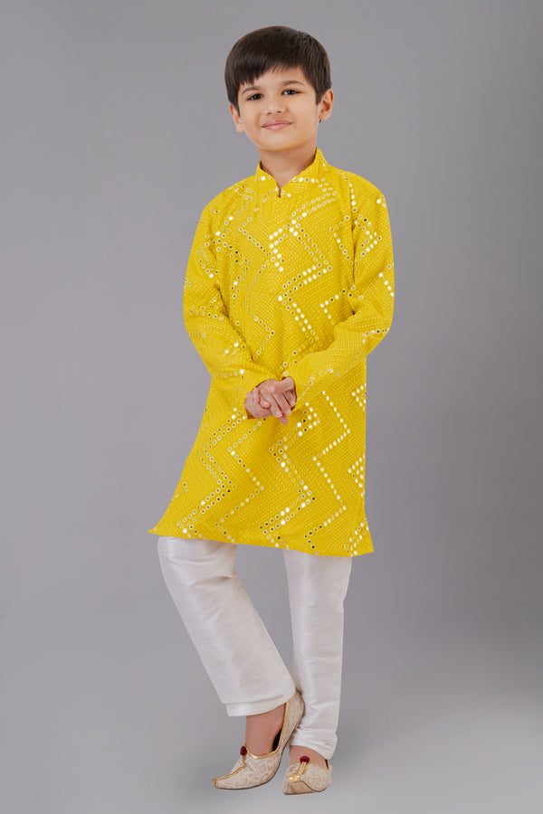 Angasudha Boys' Yellow Mirror Work Kurta Set with White Churidar