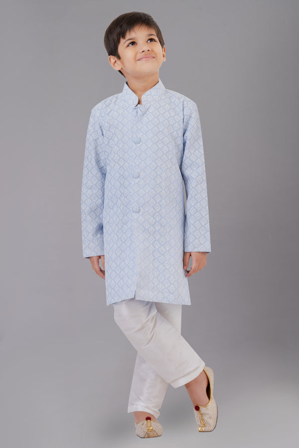 Angasudha Boys' Powder Blue Printed Kurta Set with White Churidar